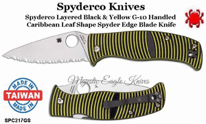 Spyderco Knives SPC217GS Spyderco Layered Black & Yellow G-10 Handled Caribbean Leaf Shape Spyder Edge Blade Knife