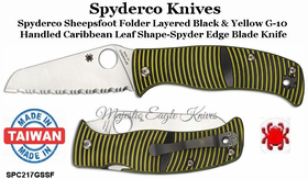 Spyderco Knives SPC217GSSF Spyderco Sheepsfoot Folder Layered Black & Yellow G-10 Handled Caribbean Leaf Shape-Spyder Edge Blade Knife