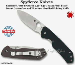 Spyderco Knives SPC232GTIP Spyderco Jerry Brouwer 2.77" S30V Satin Plain Blade, Forest Green G10 and Titanium Handled Folding Knife