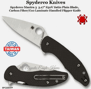Spyderco Knives SPC233CFP Spyderco Mantra 3  3.17" S30V Satin Plain Blade, Carbon Fiber/G10 Laminate Handled Flipper Knife