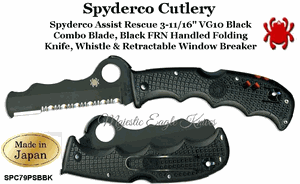 Spyderco Knives SPC79PSBBK Spyderco Assist Rescue  3-11/16" VG10 Black Combo Blade, Black FRN Handled Folding Knife Whistle & Retractable Window Breaker