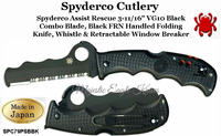 Spyderco Knives SPC79PSBBK Spyderco Assist Rescue  3-11/16" VG10 Black Combo Blade, Black FRN Handled Folding Knife Whistle & Retractable Window Breaker