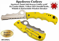 Spyderco Knives SPC79PSYL Spyderco Assist Salt Rescue Folder 3.68" H1 Combo Blade, Yellow FRN Handled Knife Whistle & Retractable Window Breaker