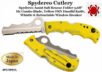 Spyderco Knives SPC79PSYL Spyderco Assist Salt Rescue Folder 3.68" H1 Combo Blade, Yellow FRN Handled Knife Whistle & Retractable Window Breaker