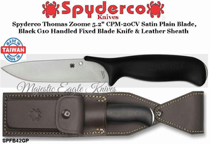Spyderco Knives SPFB42GP Spyderco Zoomer Fixed 5.2" CPM-20CV Satin Plain Blade, Black G10 Handled Pocket Knife & Leather Sheath Spyderco Knives SPFB42GP Spyderco Zoomer Fixed 5.2" CPM-20CV Satin Plain Blade, Black G10 Handled Pocket Knife & Leather Sheath