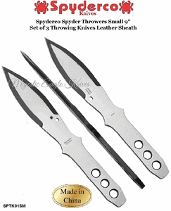 Spyderco Knives SPTK01SM Spyderco SpyderThrowers Small 9" Set of 3 Throwing Knives & Leather Sheath