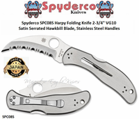 Spyderco SPC08S Harpy Folding Knife 2-3/4" VG10 Satin Serrated Hawkbill Blade, Stainless Steel Handles 