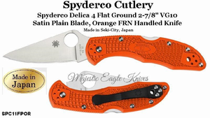 Spyderco SPC11FPOR Delica 4 Flat Ground 2-7/8" VG10 Satin Stainless Steel Plain Blade, Orange FRN Handles Spyderco SPC11FPOR Delica 4 Flat Ground 2-7/8" VG10 Satin Stainless Steel Plain Blade, Orange FRN Handles