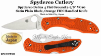 Spyderco SPC11FPOR Delica 4 Flat Ground 2-7/8" VG10 Satin Stainless Steel Plain Blade, Orange FRN Handles