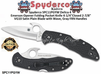 Spyderco SPC11PGYW Delica 4 Emerson Opener Folding Pocket Knife 4-1/4"Closed 2-7/8" VG10 Satin Plain Blade with Wave, Gray FRN Handles  