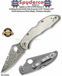 Spyderco SPC11TIPD Delica 4 Folding Pocket Knife Flat Ground 4-1/4" Closed 3" VG10 Damascus Plain Blade, Titanium Handles