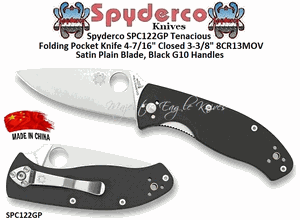 Spyderco SPC122GP Tenacious Folding Pocket Knife 4-7/16" Closed 3-3/8" 8CR13MOV Satin Plain Blade, Black G10 Handles! 