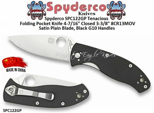Spyderco SPC122GP Tenacious Folding Pocket Knife 4-7/16" Closed 3-3/8" 8CR13MOV Satin Plain Blade, Black G10 Handles! 