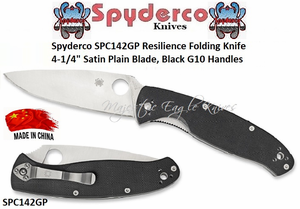 Spyderco SPC142GP Resilience Folding Knife 4-1/4" Satin Plain Blade, Black G10 Handles  