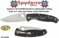 Spyderco SPC142PBK Resilience Lightweight Folding Knife 4.2" Satin Plain Blade, Black FRN Handles 