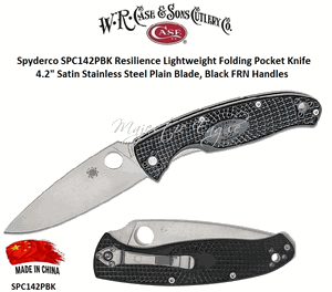 Spyderco SPC142PBK Resilience Lightweight Folding Pocket Knife 4.2" Satin Stainless Steel Plain Blade, Black FRN Handles 