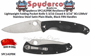 Spyderco SPC142PBK Resilience Lightweight Folding Pocket Knife 5-3/16 Closed 4-3/16" 8Cr13MoV Stainless Steel Satin Plain Blade, Black FRN Handles!