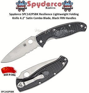 Spyderco SPC142PSBK Resilience Lightweight Folding Knife 4.2" Satin Combo Blade, Black FRN Handles 