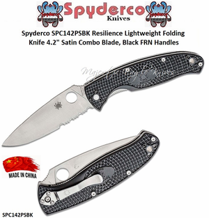 Spyderco SPC142PSBK Resilience Lightweight Folding Knife 4.2" Satin Combo Blade, Black FRN Handles Spyderco SPC142PSBK Resilience Lightweight Folding Knife 4.2" Satin Combo Blade, Black FRN Handles