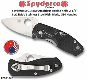 Spyderco SPC148GP Ambitious Folding Knife 2-1/4" 8cr13MoV Stainless Steel Plain Blade, G10 Handles Spyderco SPC148GP Ambitious Folding Knife 2-1/4" 8cr13MoV Stainless Steel Plain Blade, G10 Handles