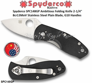 Spyderco SPC148GP Ambitious Folding Knife 2-1/4" 8cr13MoV Stainless Steel Plain Blade, G10 Handles Spyderco SPC148GP Ambitious Folding Knife 2-1/4" 8cr13MoV Stainless Steel Plain Blade, G10 Handles