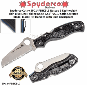 Spyderco SPC14FSBKBL3 Rescue 3 Lightweight Thin Blue Line Folding Knife 3.57" VG10 Satin Serrated Blade, Black FRN Handles with Blue Backspacer 