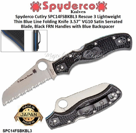 Spyderco SPC14FSBKBL3 Rescue 3 Lightweight Thin Blue Line Folding Knife 3.57" VG10 Satin Serrated Blade, Black FRN Handles with Blue Backspacer Spyderco SPC14FSBKBL3 Rescue 3 Lightweight Thin Blue Line Folding Knife 3.57" VG10 Satin Serrated Blade, Black FRN Handles with Blue Backspacer