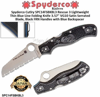 Spyderco SPC14FSBKBL3 Rescue 3 Lightweight Thin Blue Line Folding Knife 3.57" VG10 Satin Serrated Blade, Black FRN Handles with Blue Backspacer 