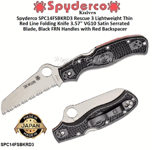 Spyderco SPC14FSBKRD3 Rescue 3 Lightweight Thin Red Line Folding Knife 3.57" VG10 Satin Serrated Blade, Black FRN Handles with Red Backspacer 