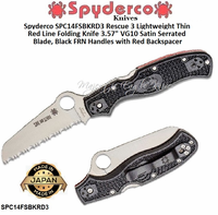 Spyderco SPC14FSBKRD3 Rescue 3 Lightweight Thin Red Line Folding Knife 3.57" VG10 Satin Serrated Blade, Black FRN Handles with Red Backspacer 