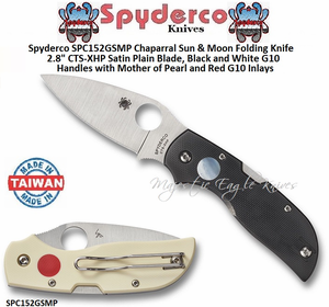 Spyderco SPC152GSMP Chaparral Sun & Moon Folding Knife 2.8" CTS-XHP Satin Plain Blade, Black and White G10 Handles with Mother of Pearl and Red G10 Inlays Spyderco SPC152GSMP Chaparral Sun & Moon Folding Knife 2.8" CTS-XHP Satin Plain Blade, Black and White G10 Handles with Mother of Pearl and Red G10 Inlays