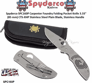 Spyderco SPC160P Carpenter Foundry Folding Pocket Knife 3.33" (85 mm) CTS-XHP Stainless Steel Plain Blade, Stainless Handle