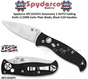 Spyderco SPC165GP2 Autonomy 2 AUTO Folding Knife LC200N Satin Plain Blade, Black G10 Handles 