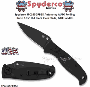 Spyderco SPC165GPBBK Autonomy AUTO Folding Knife 3.65" H-1 Black Plain Blade, G10 Handles 