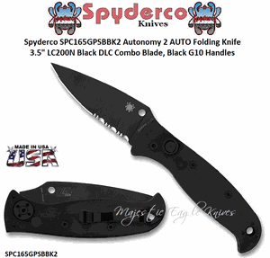 Spyderco SPC165GPSBBK2 Autonomy 2 AUTO Folding Knife 3.5" LC200N Black DLC Combo Blade, Black G10 Handles 