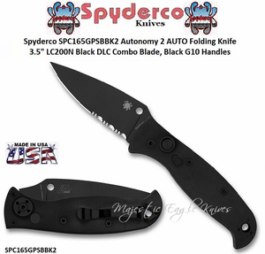 Spyderco SPC165GPSBBK2 Autonomy 2 AUTO Folding Knife 3.5" LC200N Black DLC Combo Blade, Black G10 Handles Spyderco SPC165GPSBBK2 Autonomy 2 AUTO Folding Knife 3.5" LC200N Black DLC Combo Blade, Black G10 Handles