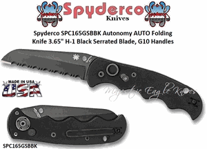 Spyderco SPC165GSBBK Autonomy AUTO Folding Knife 3.65" H-1 Black Serrated Blade, G10 Handles 