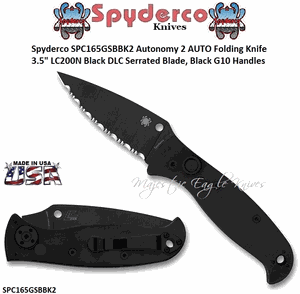 Spyderco SPC165GSBBK2 Autonomy 2 AUTO Folding Knife 3.5" LC200N Black DLC Serrated Blade, Black G10 Handles 