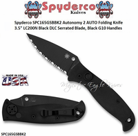 Spyderco SPC165GSBBK2 Autonomy 2 AUTO Folding Knife 3.5" LC200N Black DLC Serrated Blade, Black G10 Handles 