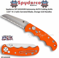 Spyderco SPC165GSOR Autonomy AUTO Folding Knife 3.65" H-1 Satin Serrated Blade, Orange G10 Handles 