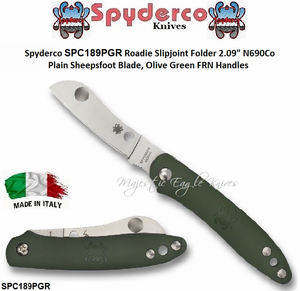 Spyderco SPC189PGR Roadie Slipjoint Folder 2.09" N690Co Plain Sheepsfoot Blade, Olive Green FRN Handles Spyderco SPC189PGR Roadie Slipjoint Folder 2.09" N690Co Plain Sheepsfoot Blade, Olive Green FRN Handles