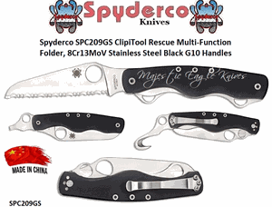 Spyderco SPC209GS ClipiTool Rescue Multi-Function 8Cr13MoV Stainless Steel Black G10 Handled Pocket Knife 