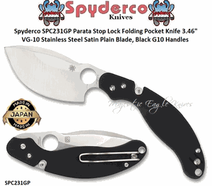 Spyderco SPC231GP Parata Stop Lock Folding Pocket Knife 3.46" VG-10 Stainless Steel Satin Plain Blade, Black G10 Handles 