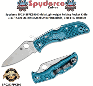 Spyderco SPC243FPK390 Endela Lightweight Folding Pocket Knife 3.41" K390 Stainless Steel Satin Plain Blade, Blue FRN Handles 