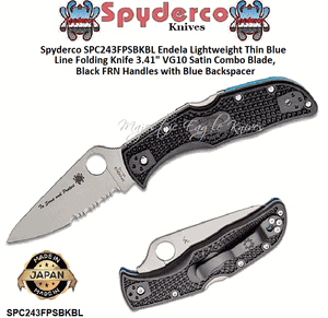 Spyderco SPC243FPSBKBL Endela Lightweight Thin Blue Line Folding Pocket Knife 3.41" VG10 Stainless Steel Satin Combo Blade, Black FRN Handles with Blue Backspacer  