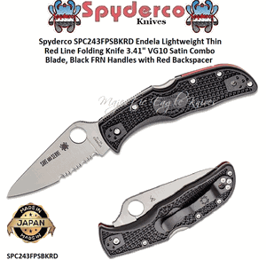 Spyderco SPC243FPSBKRD Endela Lightweight Thin Red Line Folding Knife 3.41" VG10 Satin Combo Blade, Black FRN Handles with Red Backspacer 