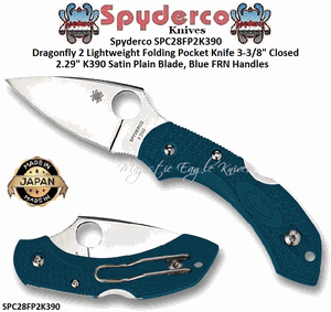 Spyderco SPC28FP2K390 Dragonfly 2 Lightweight Folding Pocket Knife 3-3/8" Closed 2-1/4" Bohler K390 Tool Steel Satin Plain Blade, Blue FRN Handles  