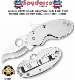 Spyderco SPC29P Cricket Folding Pocket Knife 1-7/8" VG10 Satin Plain Blade, Stainless Steel Handles Spyderco SPC29P Cricket Folding Pocket Knife 1-7/8" VG10 Satin Plain Blade, Stainless Steel Handles