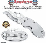 Spyderco SPC29S Cricket Folding Pocket Knife 1-7/8" VG10 Satin Serrated Blade, Stainless Steel Handles