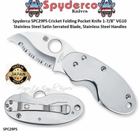 Spyderco SPC29S Cricket Folding Pocket Knife 1-7/8" VG10 Satin Serrated Blade, Stainless Steel Handles